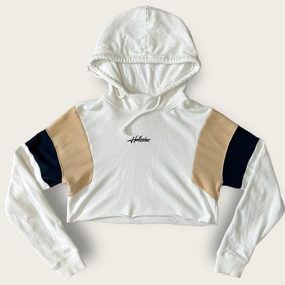 Hollister Tops - Hollister Crop Top Hoodie Womens Small Cropped Tan Black White Hooded Colorblock